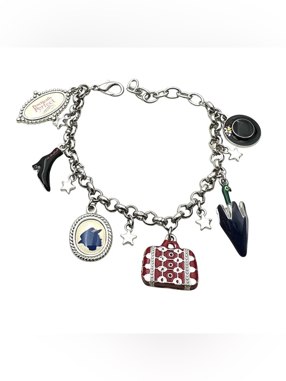 Disney Mary Popins Silver Tone Enamel Charm Bracelet 7 Inch